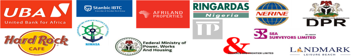 Past clients including UBA, Stanbic IBTC, Afriland Properties, Ringardas Nigeria, Nerine, DPR, Hard Rock Cafe, NIMASA, Federal Ministry of Power Works and Housing, Alliance and Frontier, Sea Surveyors, and Landmark Leisure Beach